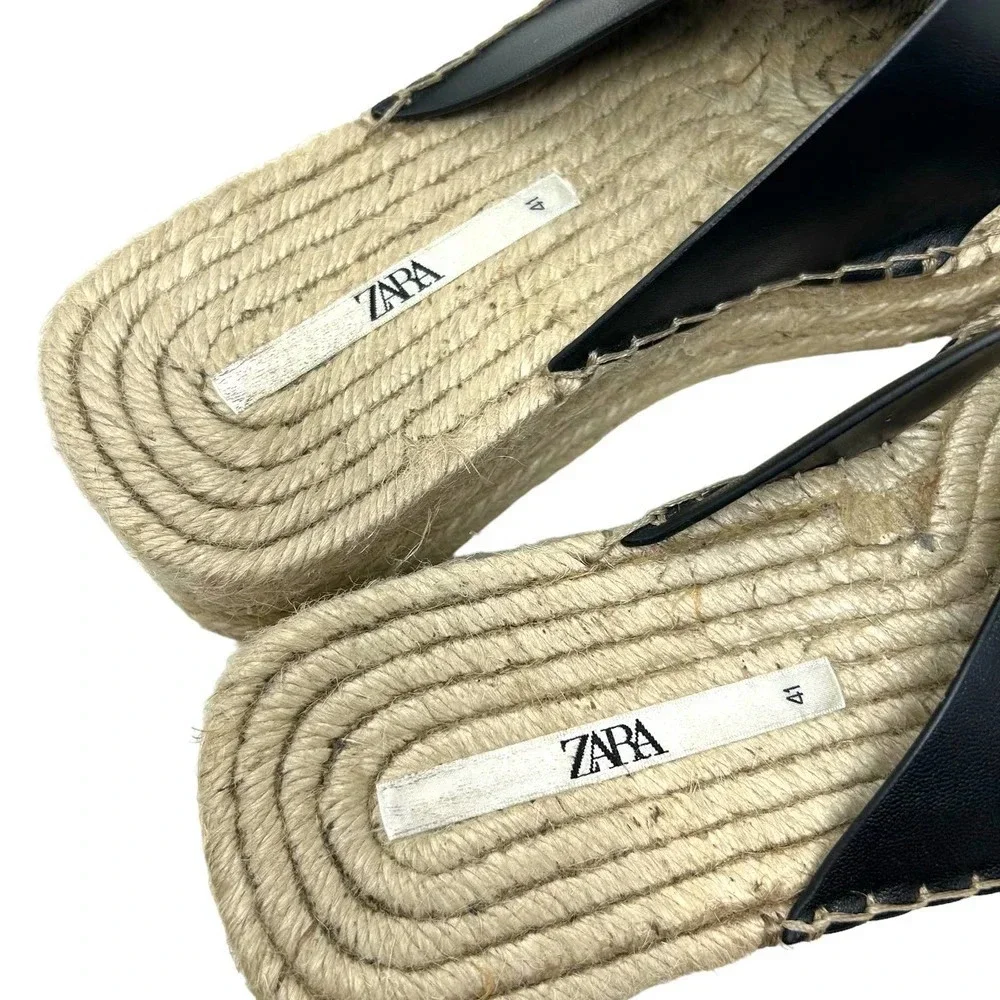 Zara Black Leather Buckle Espadrille Jute Slide Sandals Size‎ 41 / US 10.5